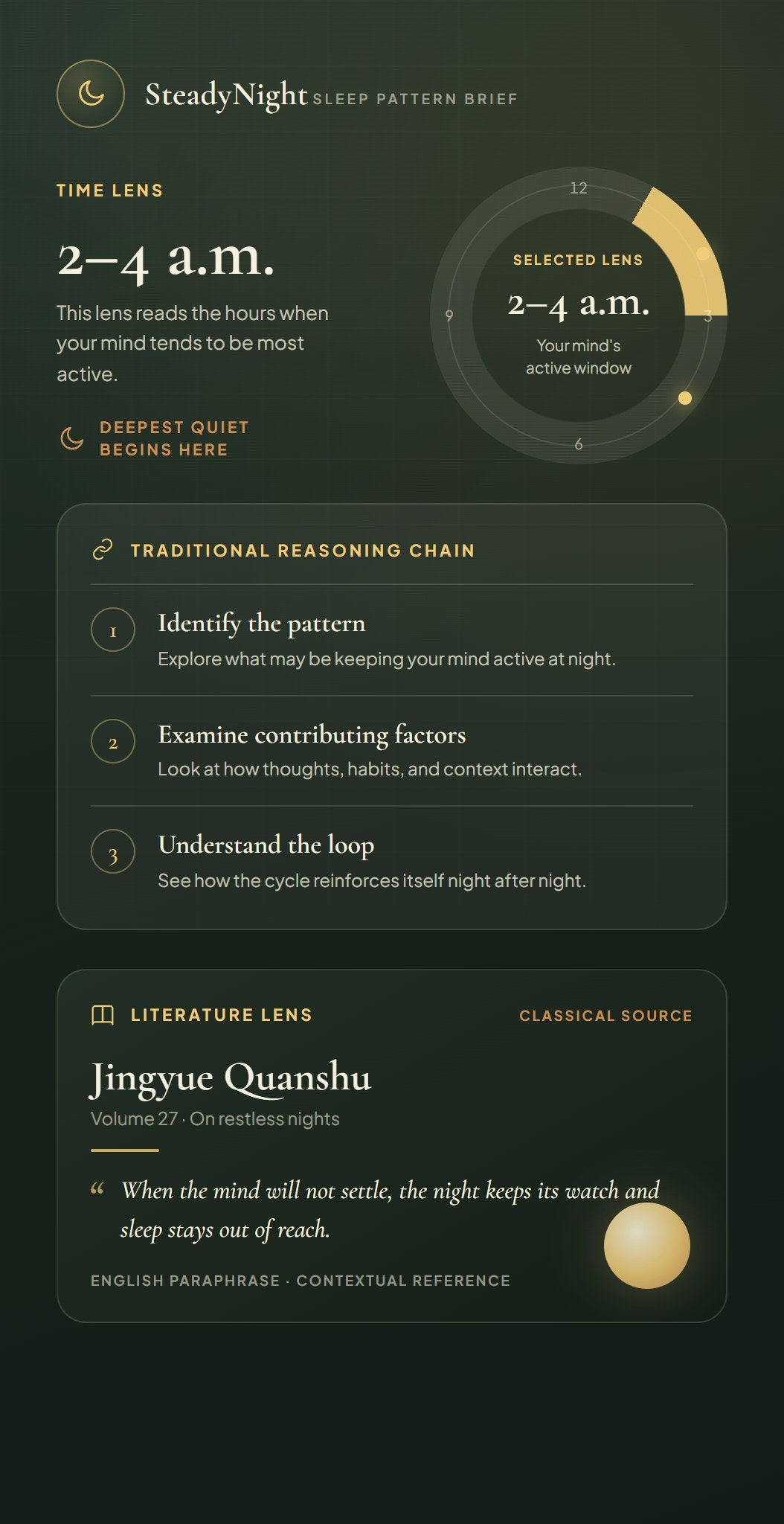 Sample brief showing time lens, reasoning chain teaser, and literature card